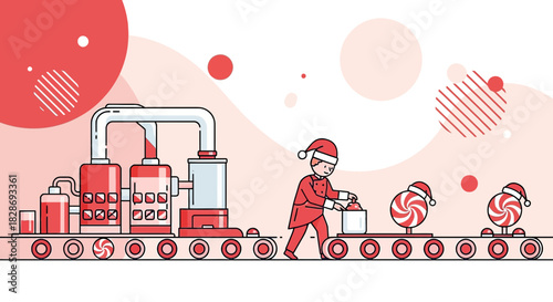 Festive sweets production line illustration showing christmas candy creation process