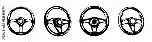Collection of four car steering wheel icons showing varied designs and textures for automotive applications and controls