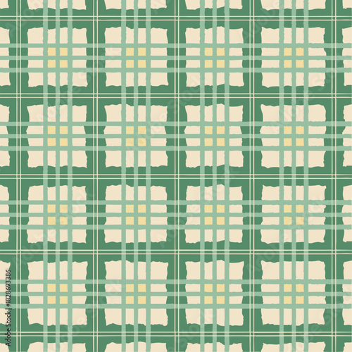 Green and beige hand drawn gingham plaid seamless pattern