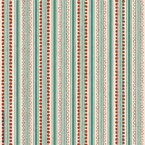 Hand drawn vertical stripes and dotted lines seamless pattern in teal and rust