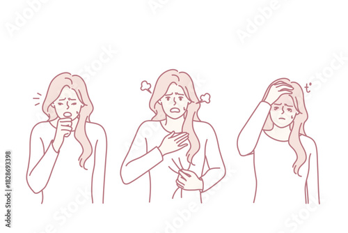 woman displaying sneeze cough and eye rub across three panels, sequence shows symptom progression from sneeze to coughing to eye irritation, seasonal allergy or cold scenario, soft