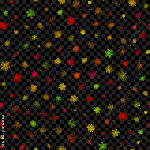 Seamless pattern with isolated bright Christmas snowflakes and snow on a transparent background. Vector illustration.