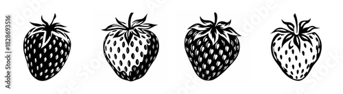 Four distinct stylized strawberries rendered in a dark grayscale sketch style each showing textured seeds and a leafy green cap
