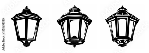 Three vintage style street lanterns black and white classic outdoor lighting fixtures grouped together