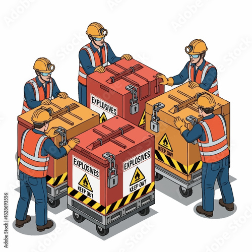 Workers handling explosive materials with caution and safety measures.