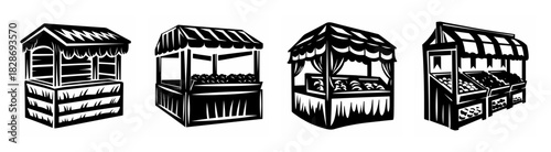 Collection of four stylized hand-drawn market stalls featuring unique wooden structures and shelving displaying goods