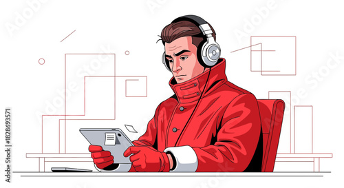 Focused man with headphones in a red coat interacts with a digital tablet device