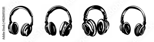Four black and white sketches of modern studio headphones displayed in a row artistic rendering