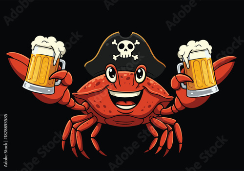 Cartoon pirate crab, beer mug character, funny sea animal, cheerful ocean mascot, party vector design, humorous illustration, faceless style concept