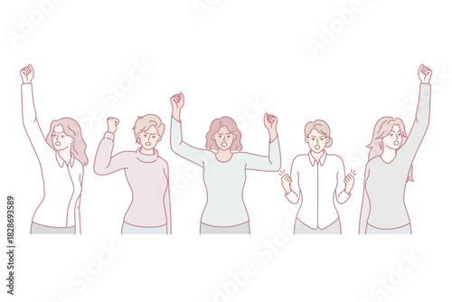 Diverse multiethnic women on demonstration against gender discrimination. Determined multiracial females strike for equal rights. Flat vector illustration.