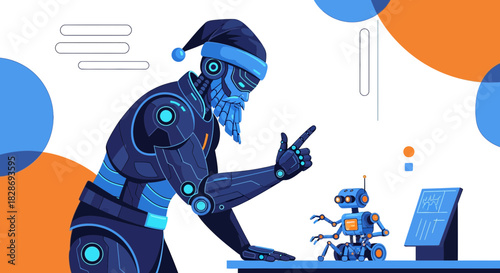 Futuristic Christmas: A robotic Santa gives instructions to a small helper bot on a workbench