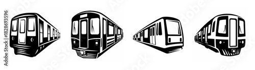 Collection of subway train front views and side profiles in a dynamic artistic style