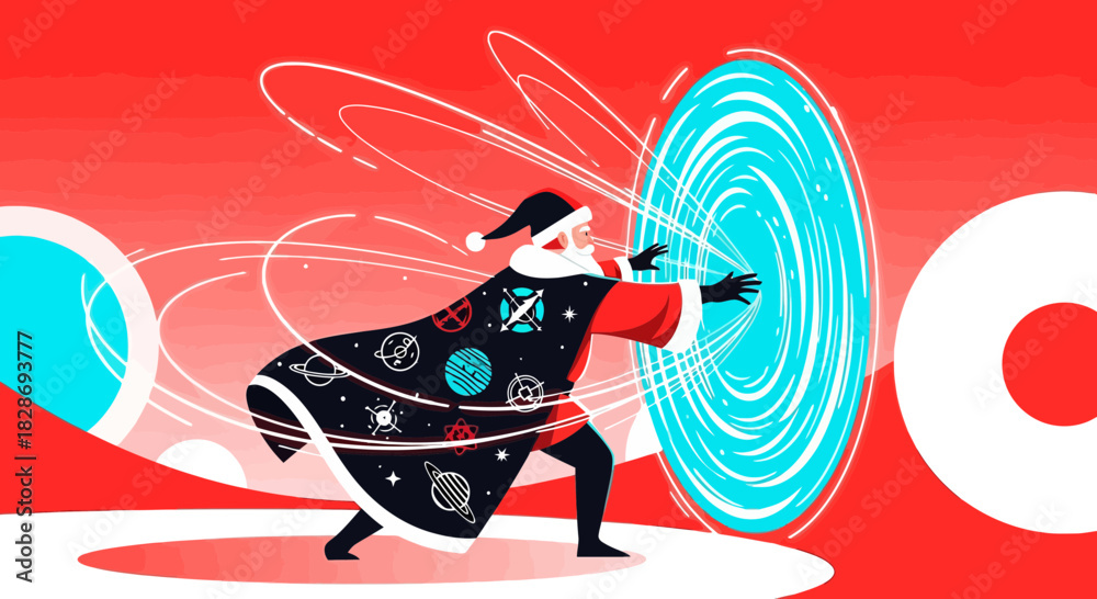 Obraz premium Futuristic Santa Claus opening cosmic portal for interdimensional holiday deliveries with festive