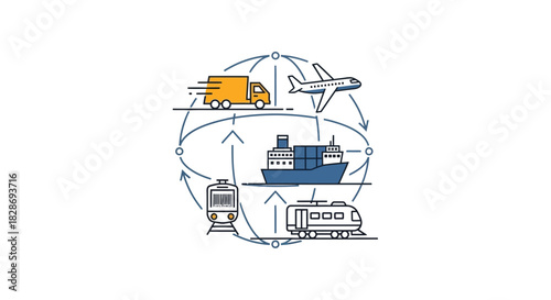 Streamlined global logistics solution showcasing efficient transportation methods like truck, airplane, ship, and train for seamless supply chain management