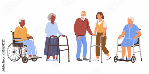 Diverse senior citizens with mobility aids and caregiver on white background