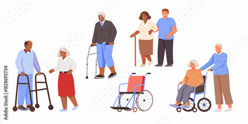 Diverse group of senior people with mobility aids and caregivers