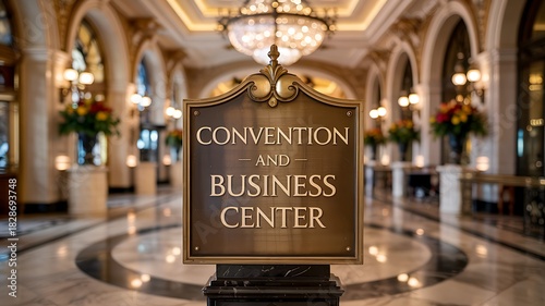 Elegant marble lobby conference center signage welcoming global executives photo