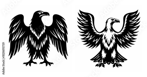 Two majestic eagles in silhouette with wings spread open displaying fierce power and graceful form