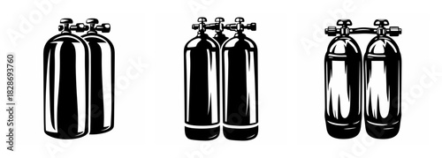Scuba diving cylinders set of three pairs showing different configurations for underwater exploration