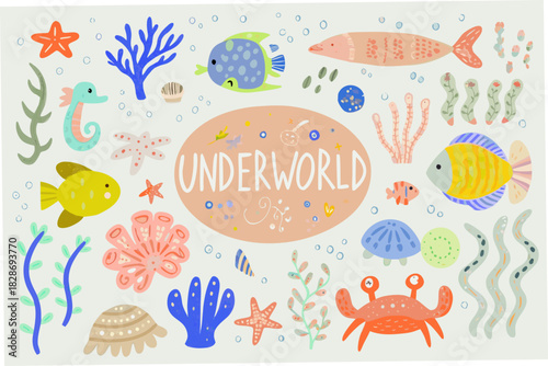Whimsical underworld illustration with sea creatures and plants