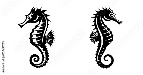 Two silhouette seahorses facing different directions with curled tails nautical marine life marine creature symbolism