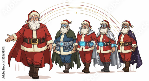 Futuristic Santa Squad: A Tech-Enhanced Christmas Celebration with Santa variations standing tall