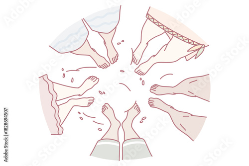 circle of underwear and bare legs, pastel illustration showing women friends exchanging panties during cozy laundry ritual, soft fabrics and varied skin tones, intimate supportive atmosphere