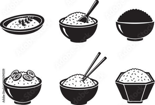 Variety of rice dishes in bowls monochrome vector illustration collection