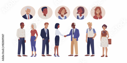 Diverse business team illustration with handshake and headshot avatars