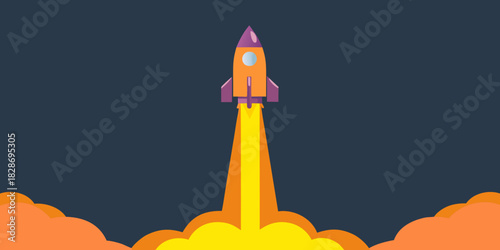 Cartoon rocket launching into space startup business concept illustration