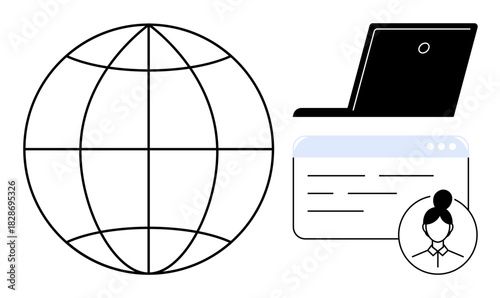 Globe outline next to laptop on webpage with user profile icon. Ideal for networking, communication, technology, internet, global connection, remote work, digital identity. Simple flat metaphor