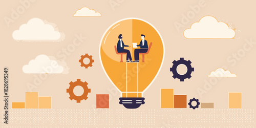 Business meeting inside light bulb with gears and clouds illustration