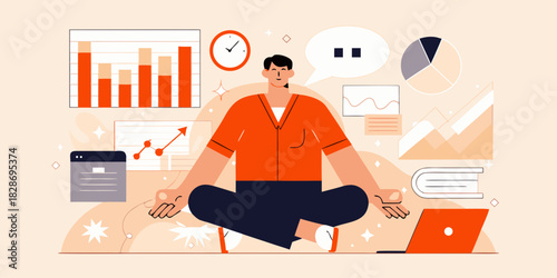 Man meditating amidst data charts promoting calmness and focus in business