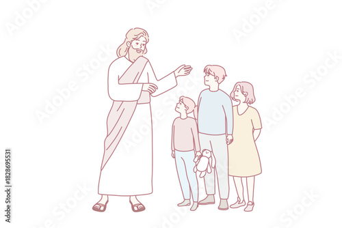 Smiling Jesus Christ talking with small children in garden. Caring Messiah speak with little kids outdoors. Religion and faith. Vector illustration.