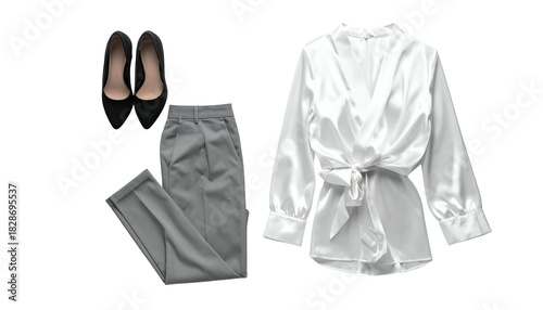 Outfit white blouse, grey trousers, black heels