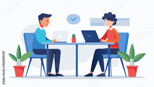 Two people working together on laptops at a table with plants and a checkmark symbol