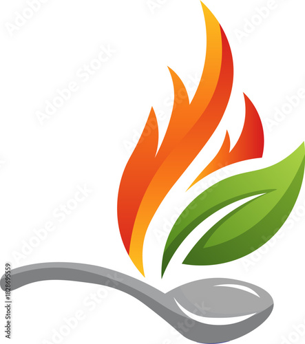 Spoon fire leaf food illustration shows a simple gray utensil with hot orange flames and a green herb element on black