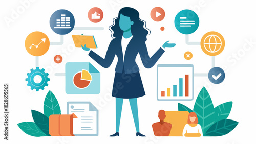 Businesswoman surrounded by digital icons representing data analytics strategy and growth