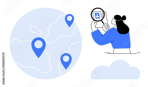 Identity verification. Digital identity verification with global map pins and profile review highlights worldwide security and connection. For cybersecurity, navigation, apps, data analysis, global