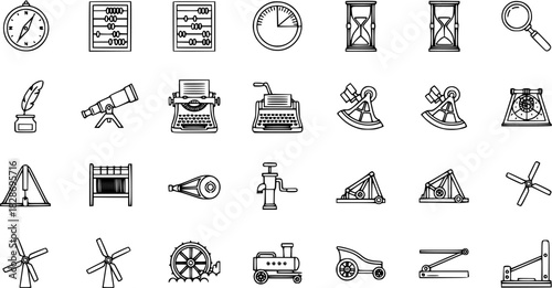 Vintage Technology Line Icons: Compass, Abacus, Typewriter, Telescope  More - Historic Innovation  Invention Vector Set