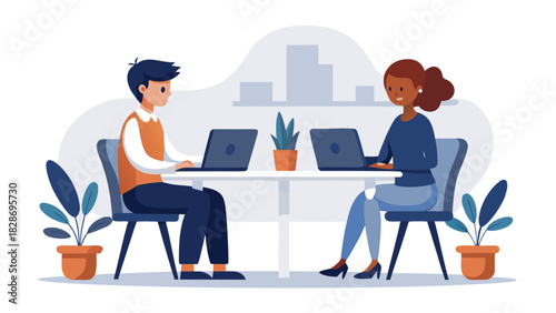 Diverse colleagues collaborating and working on laptops at a modern office desk with plants