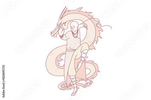 Tibetan monk with dragon painting in background. Asian man in traditional clothes make religious spiritual moves. Religion and culture. Vector illustration.