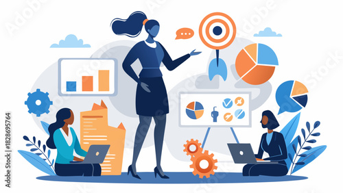 Business team collaborating on a project with charts graphs and a target symbol