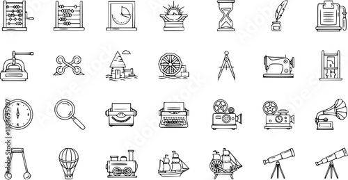Historical Inventions and Vintage Objects Line Icon Set. Collection of Retro Technology and Science Symbols.