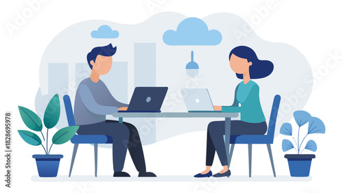 Two diverse colleagues working together on laptops at a modern office desk with plants and clouds