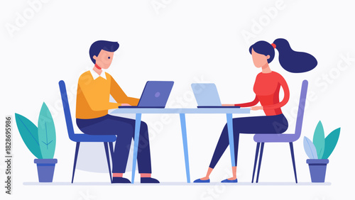 Two people working together on laptops at a table with plants on a white background