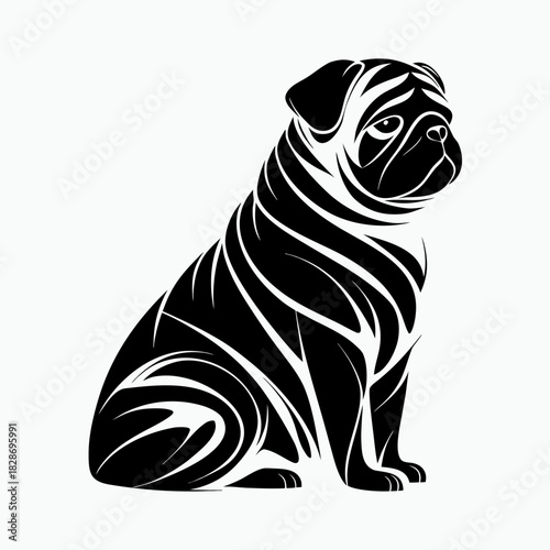 Black silhouette of a pug dog sitting adorably on white background