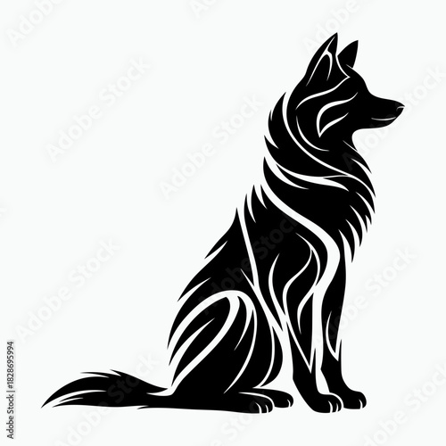 Black silhouette of a German shepherd dog sitting proudly on white background