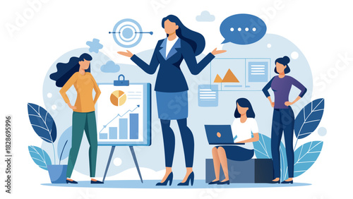 Diverse business team collaborating on a presentation with charts and data analysis