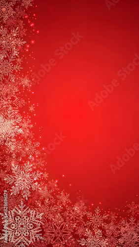 A festive red background with a decorative border of intricate white snowflakes and sparkling glitter.